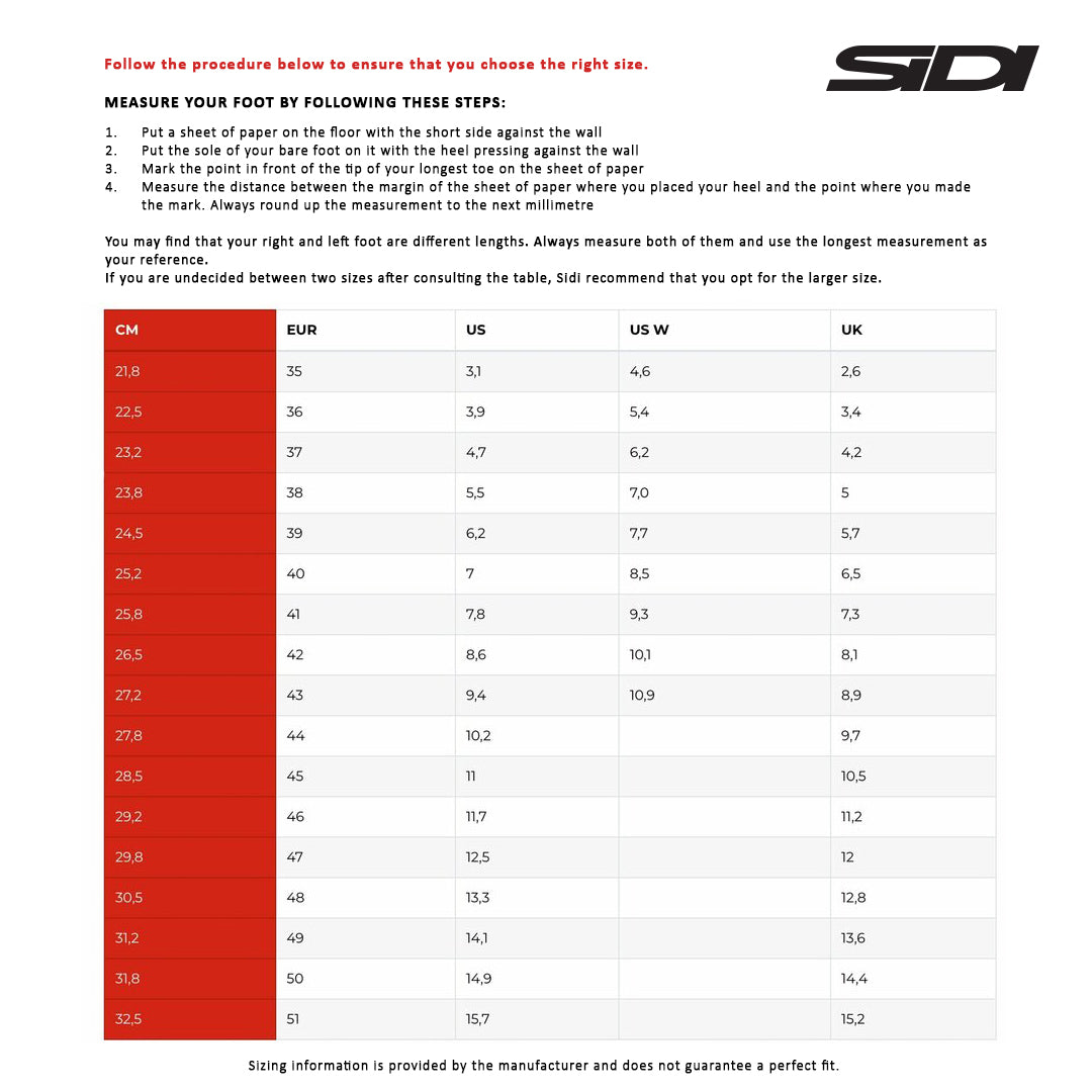 SIDI boot size chart